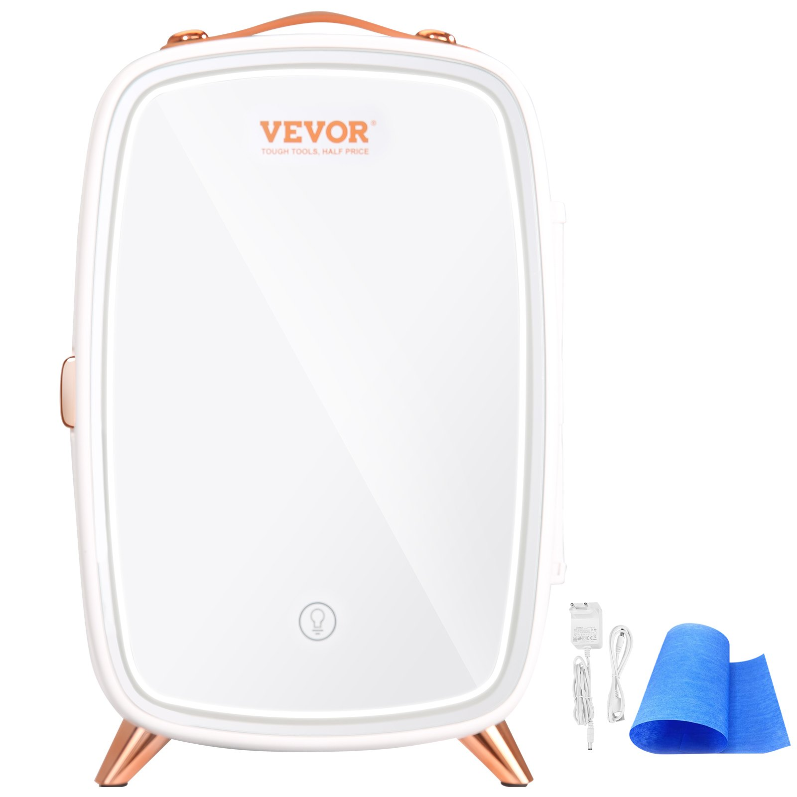 Start2Finish mini beauty fridge with mirror, LED light, 6L capacity, white compact cosmetic refrigerator for skincare and beverages.
