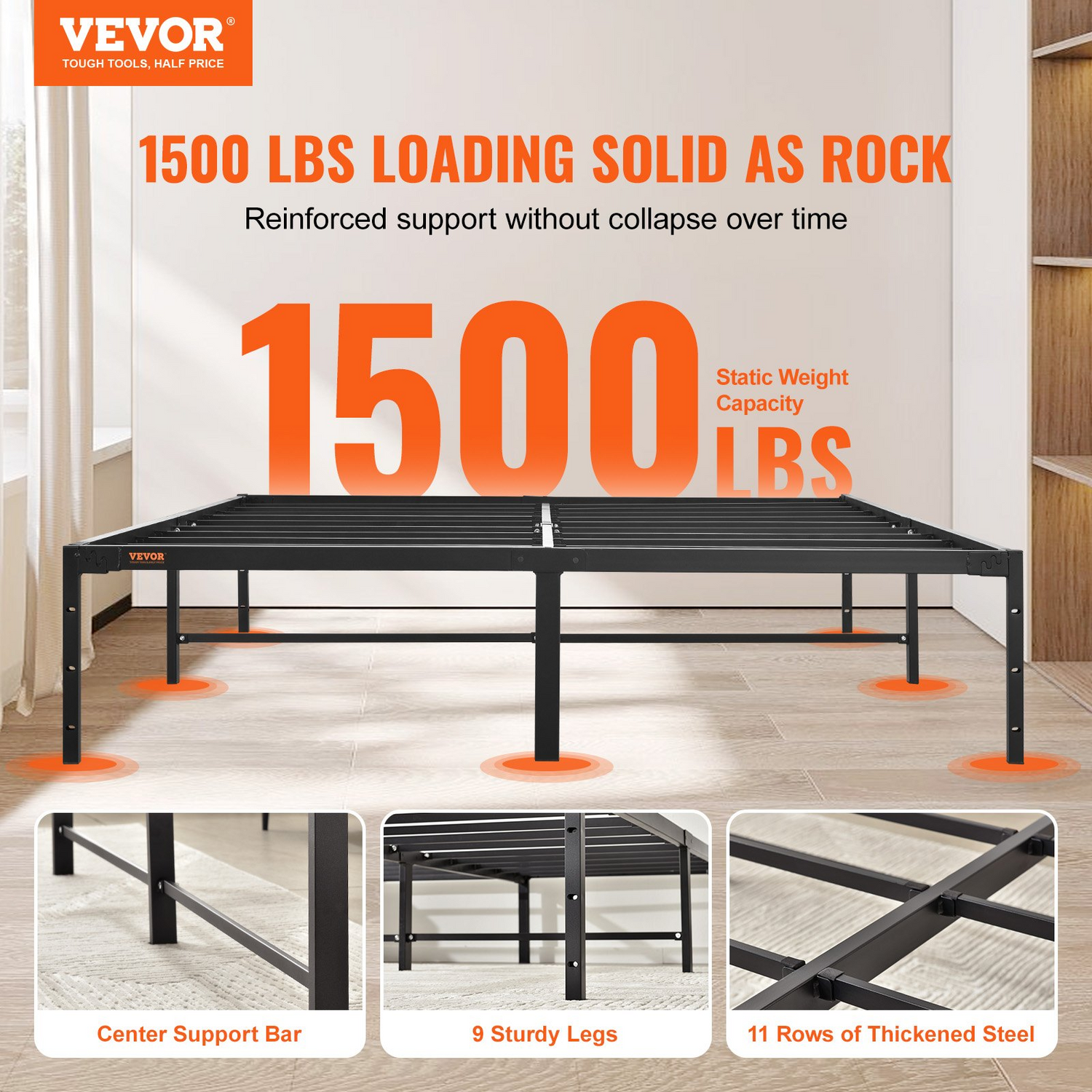 Start2Finish VEVOR 14-inch queen metal bed frame with steel slats, heavy-duty support, easy assembly, and noise-free design.