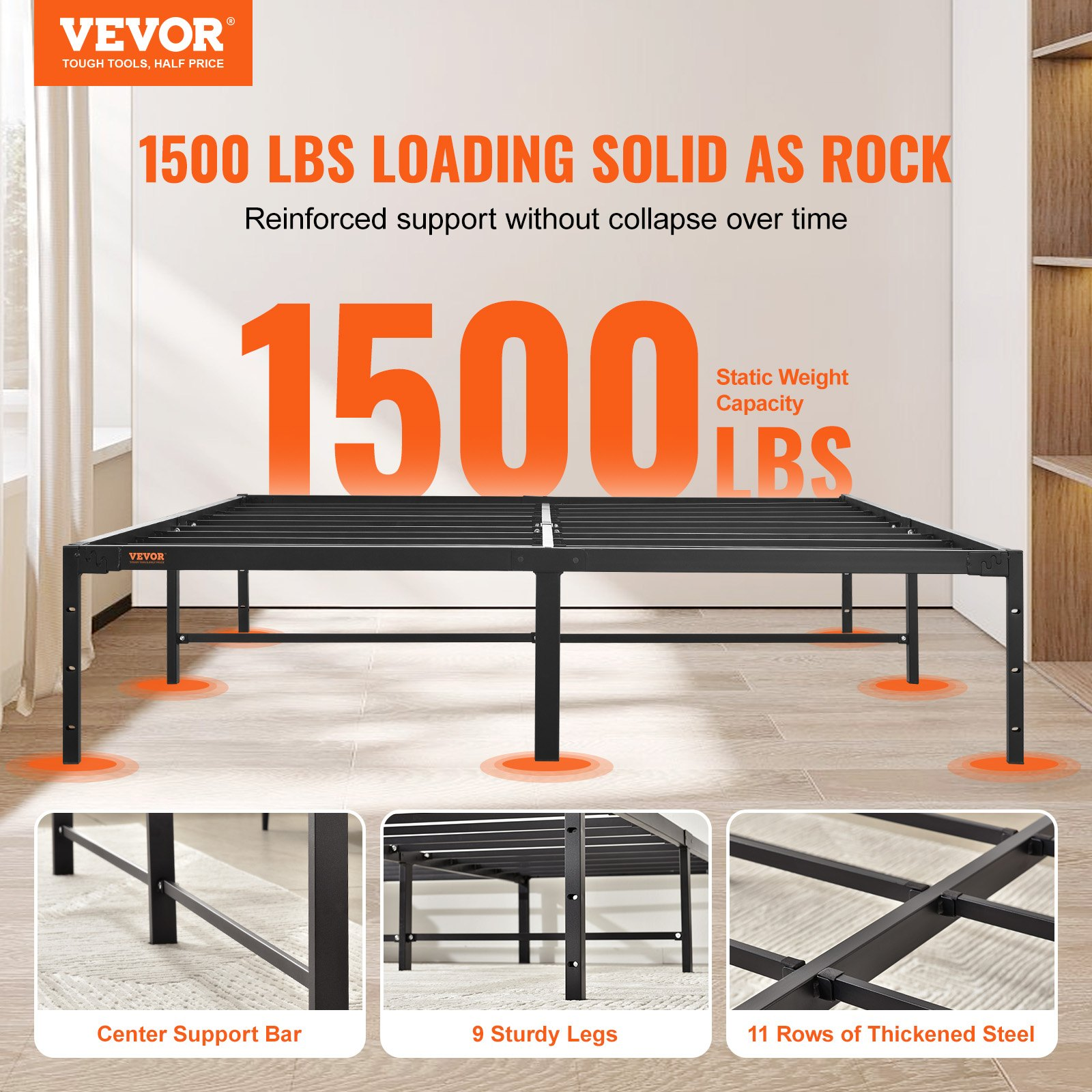 Start2Finish VEVOR 14-inch queen metal bed frame with steel slats, heavy-duty support, easy assembly, and noise-free design.