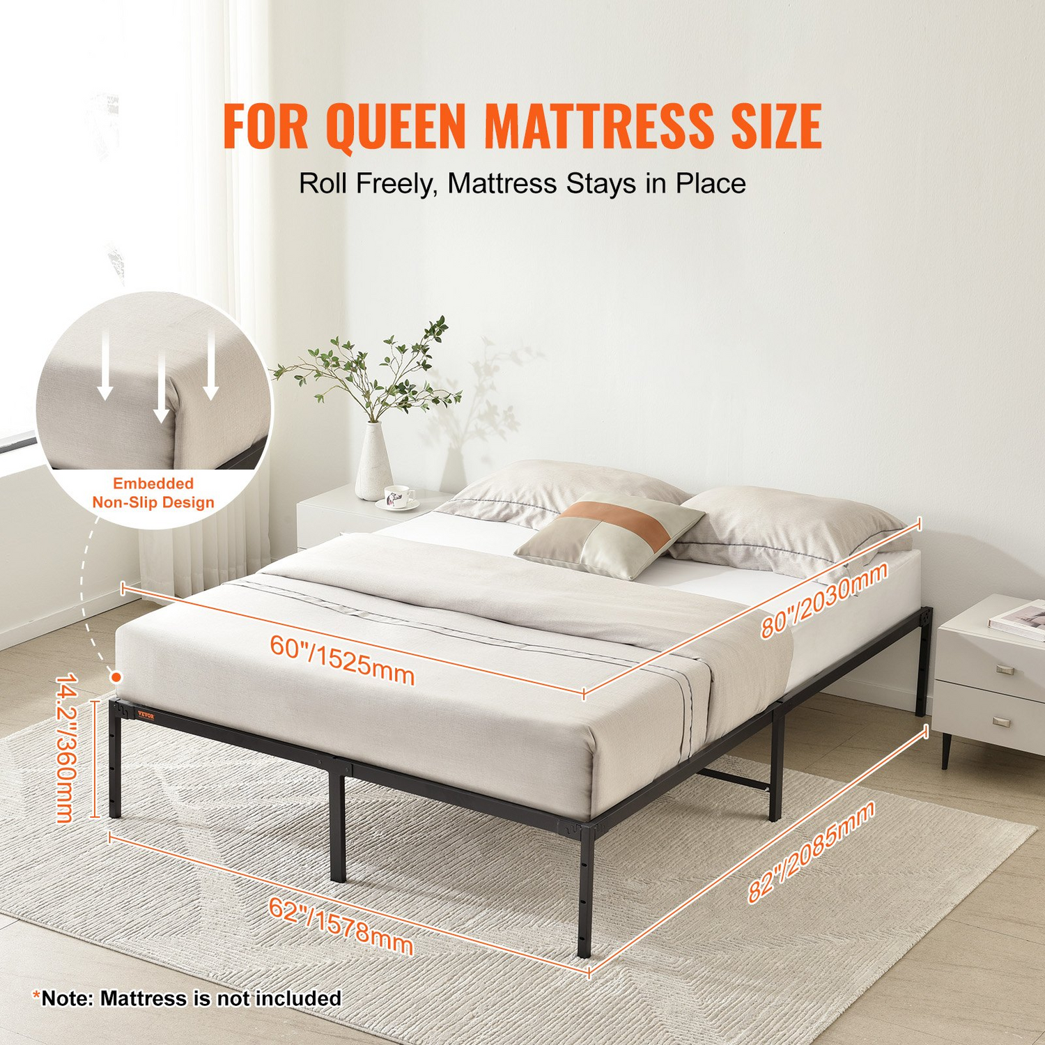 Start2Finish VEVOR 14-inch queen metal bed frame with steel slats, heavy-duty, noise-free platform, easy to assemble, supports 1500 lbs