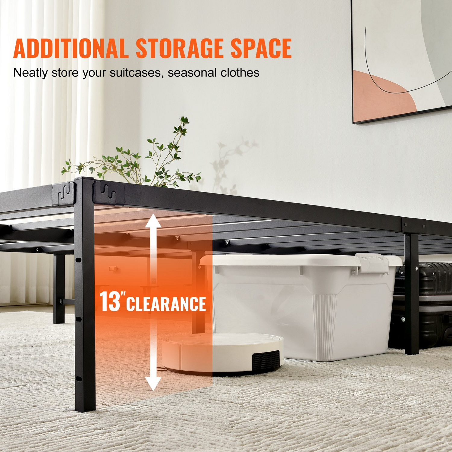 Start2Finish VEVOR 14-inch queen metal bed frame with steel slats, heavy-duty support, easy assembly, noise-free, sturdy platform.