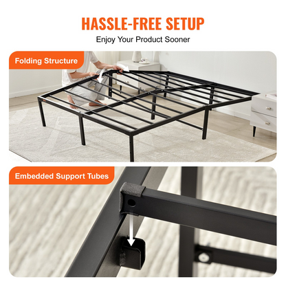 Start2Finish VEVOR 14-inch queen metal bed frame with steel slats, heavy-duty mattress foundation, no box spring needed, noise-free.
