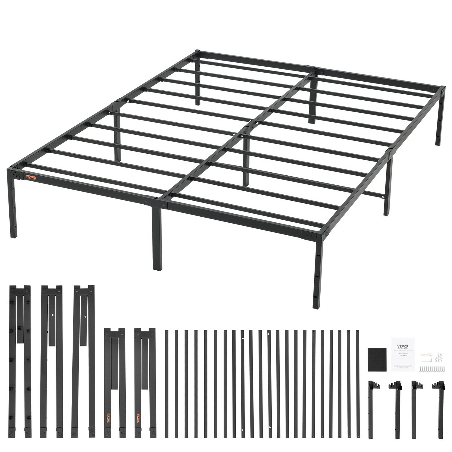Start2Finish VEVOR 14-inch queen metal bed frame with steel slats, heavy-duty, noise-free mattress foundation, easy to assemble.