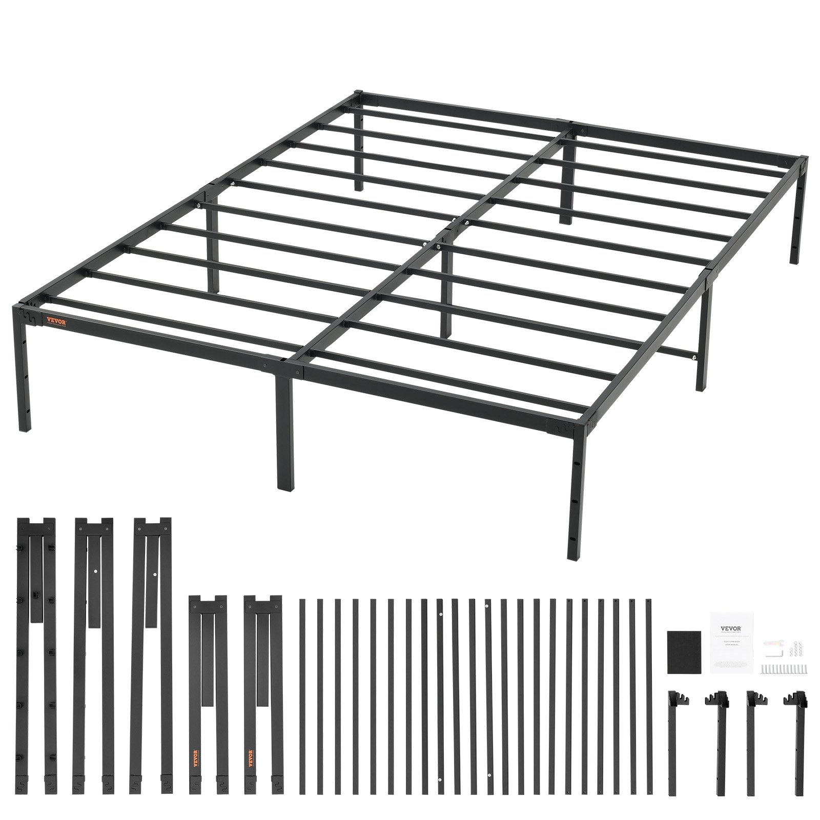 Start2Finish VEVOR 14-inch queen metal bed frame with steel slats, heavy-duty, noise-free mattress foundation, easy to assemble.