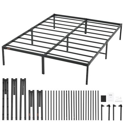 Start2Finish VEVOR 14-inch queen metal bed frame with steel slats, heavy-duty, noise-free mattress foundation, easy to assemble.