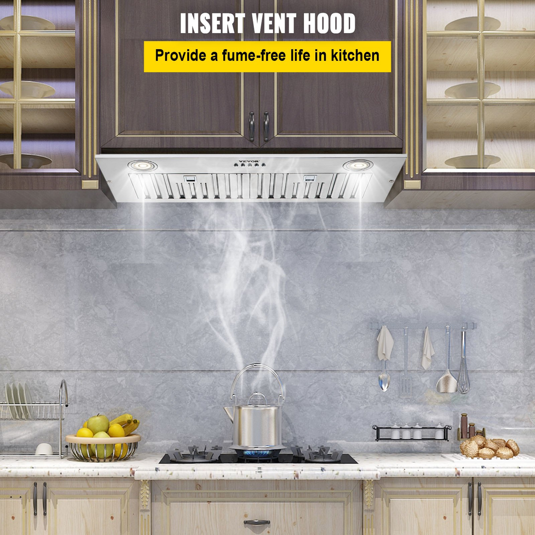 Stainless steel VEVOR 30-inch built-in range hood with push button controls, LED lights, baffle filters, and 800CFM airflow.
