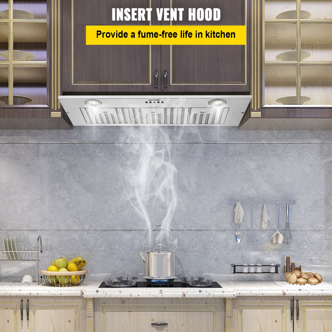 Start2Finish VEVOR 36-inch stainless steel built-in range hood with LED lights, push button controls, baffle filters, and 800 CFM airflow
