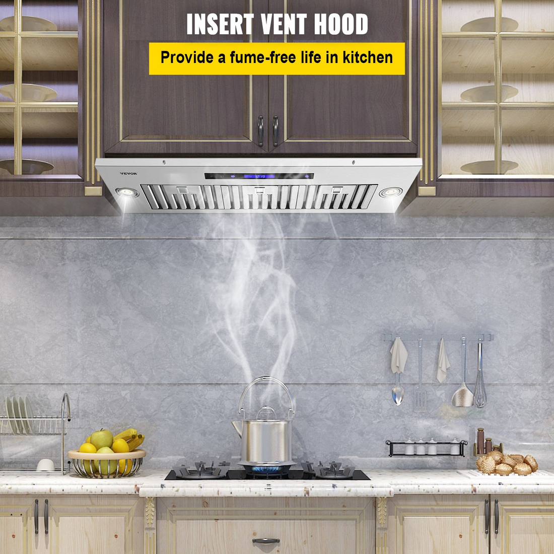 Start2Finish VEVOR 36-inch stainless steel built-in range hood with touch control, LED lights, baffle filters, and ducted or ductless options.