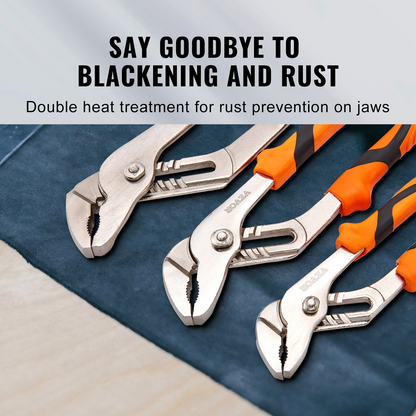 Start2Finish VEVOR 3-piece groove joint pliers set with heat-treated high carbon steel, adjustable for gripping nuts, bolts, and pipes.