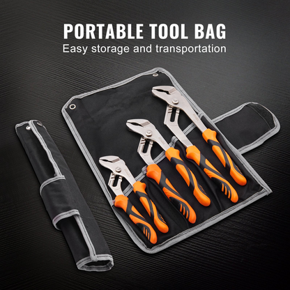 Start2Finish VEVOR 3-piece groove joint pliers set with heat-treated high carbon steel, adjustable for gripping nuts, bolts, and pipes.