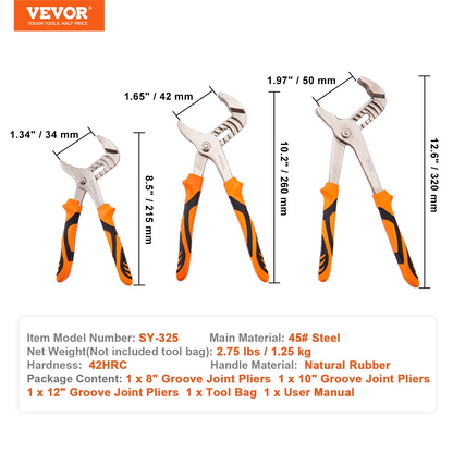 Start2Finish VEVOR 3-piece groove joint pliers set with adjustable water pump pliers in 12, 10, and 8 inches, high carbon steel construction.