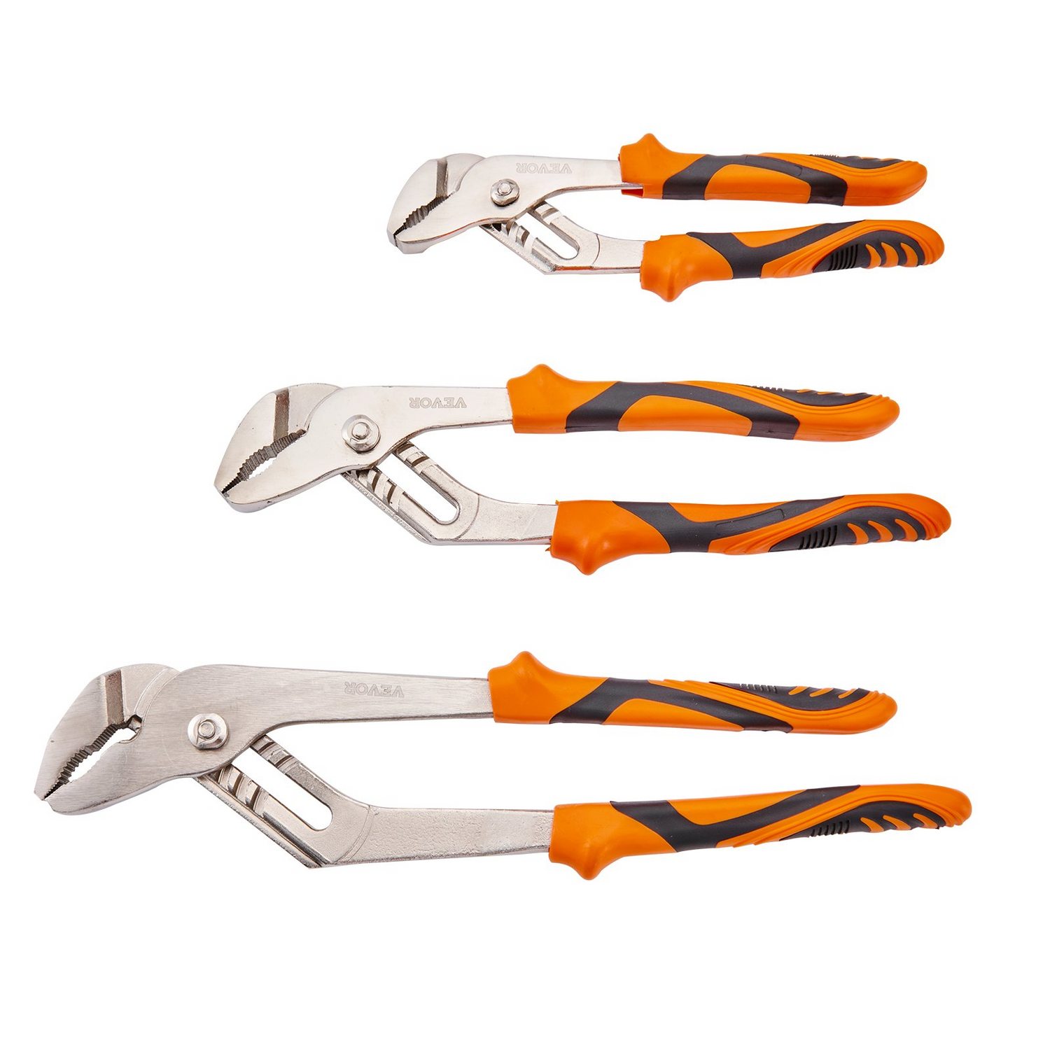 Start2Finish VEVOR 3-Piece Groove Joint Pliers Set with 12, 10, 8 inches, heat-treated carbon steel water pump pliers for home repair.