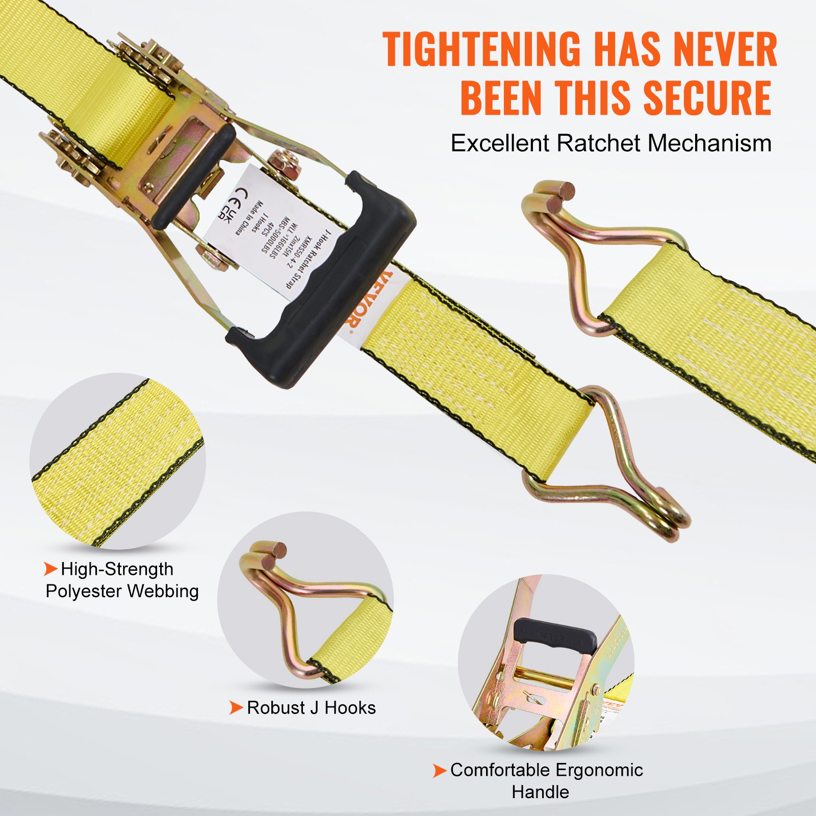 VEVOR ratchet tie down straps with double J hooks, 2x15 ft, 5000 lb break strength, padded handles for securing cargo and equipment