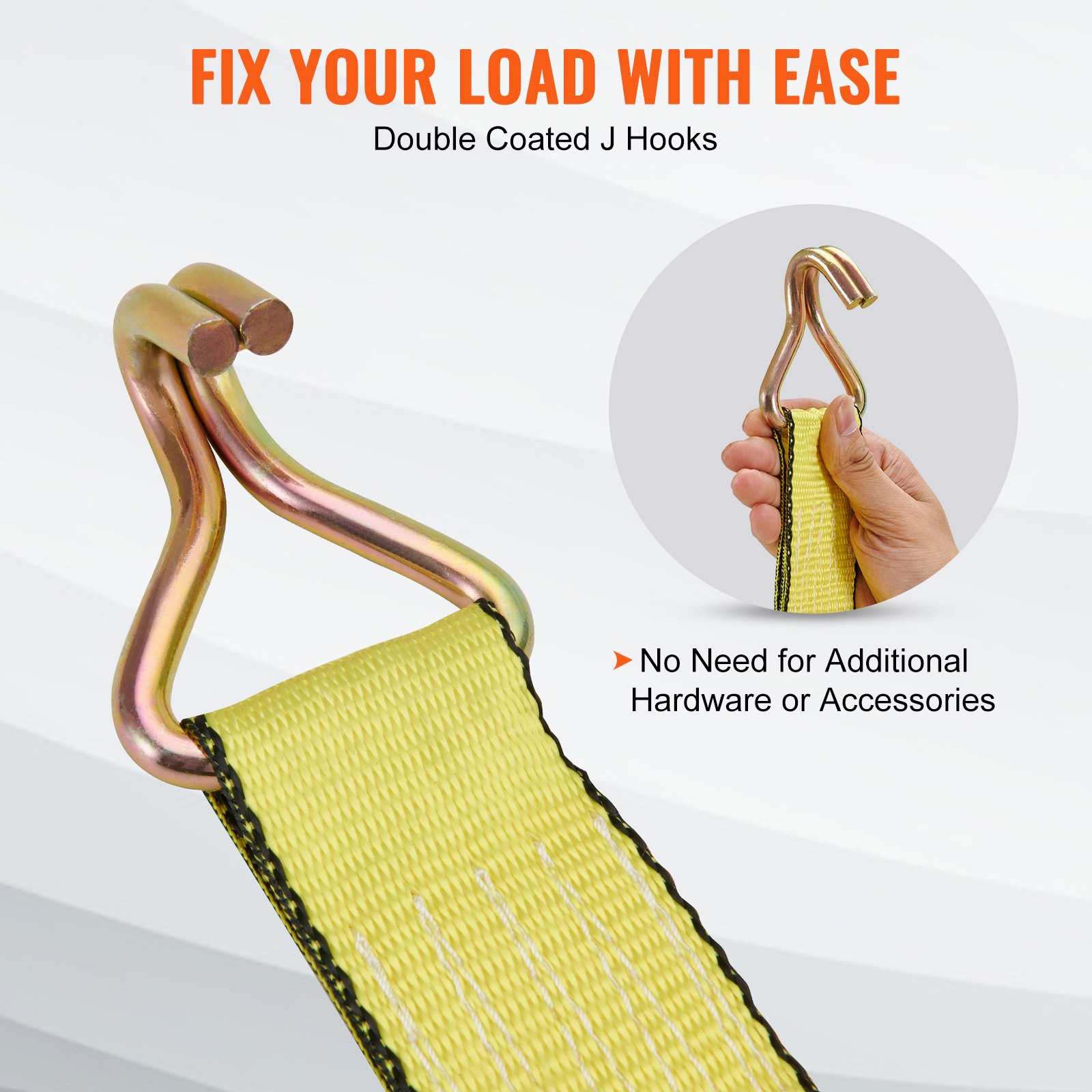 Set of four VEVOR ratchet tie down straps with double J hooks, 2x15 ft, padded handles, 5000 lb capacity for securing cargo and equipment.