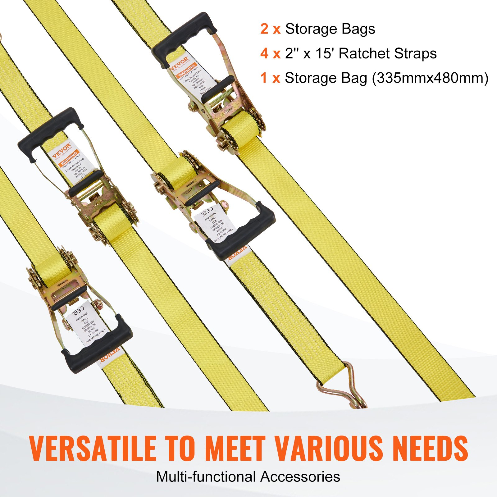 Start2Finish VEVOR ratchet tie down straps, 4-pack, 2x15 ft with double J hooks, padded handles, 5000 lb break strength for securing cargo.