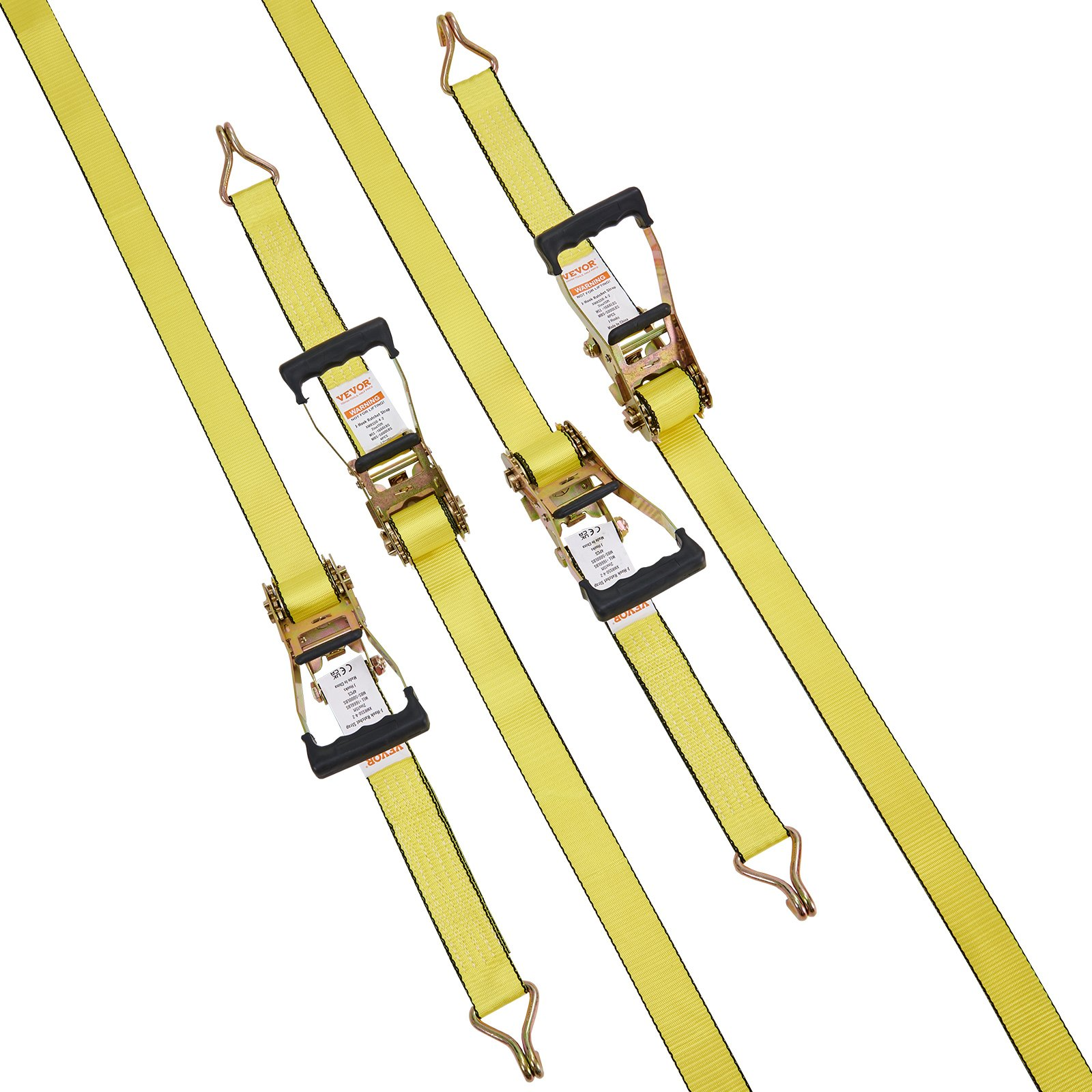 Set of four VEVOR ratchet tie down straps with double J hooks, 2x15 ft, padded handles, 5000 lb break strength for securing cargo.