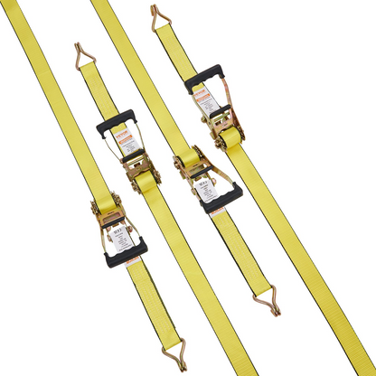 Set of four VEVOR ratchet tie down straps with double J hooks, 2x15 ft, padded handles, 5000 lb break strength for securing cargo.
