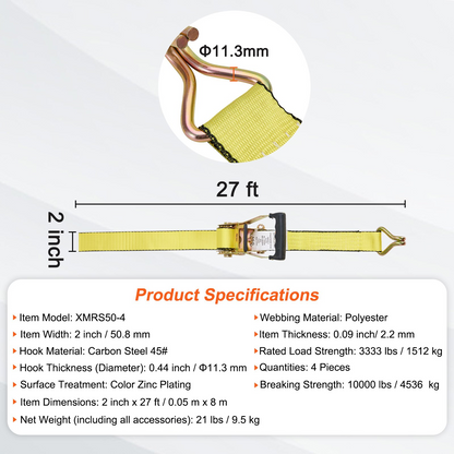Vevor ratchet tie down straps, 4-pack, 2x27 ft with double J hooks, padded handles, 10,000 lb break strength for securing cargo.