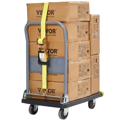 Four VEVOR ratchet tie down straps with double J hooks, 2x27 ft, padded handles, 10,000 lb break strength for securing cargo.