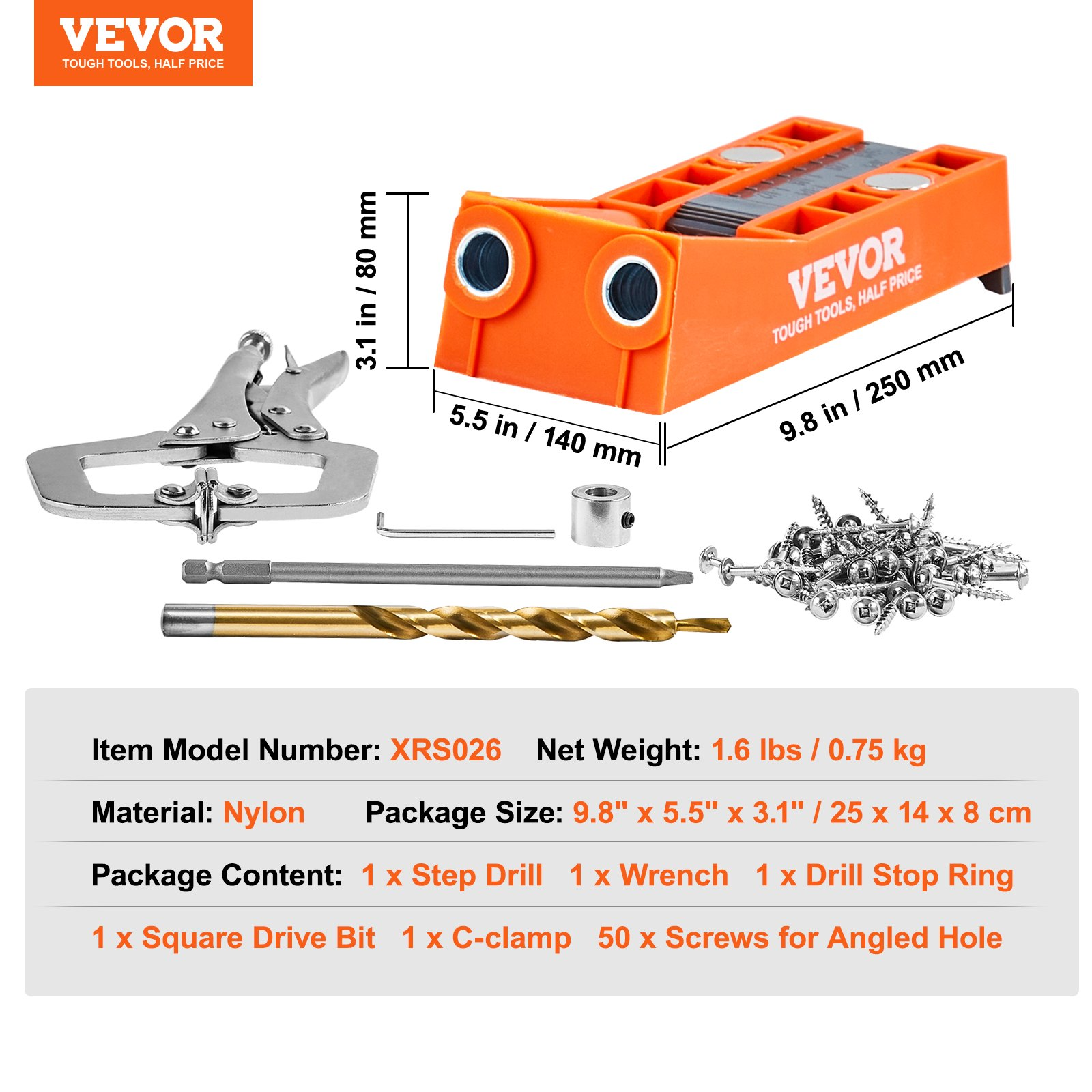 Start2Finish VEVOR Pocket Hole Jig with 56 pieces, C-clamp, step drill, wrench, square drive bit, drill stop ring, and screws for woodworking