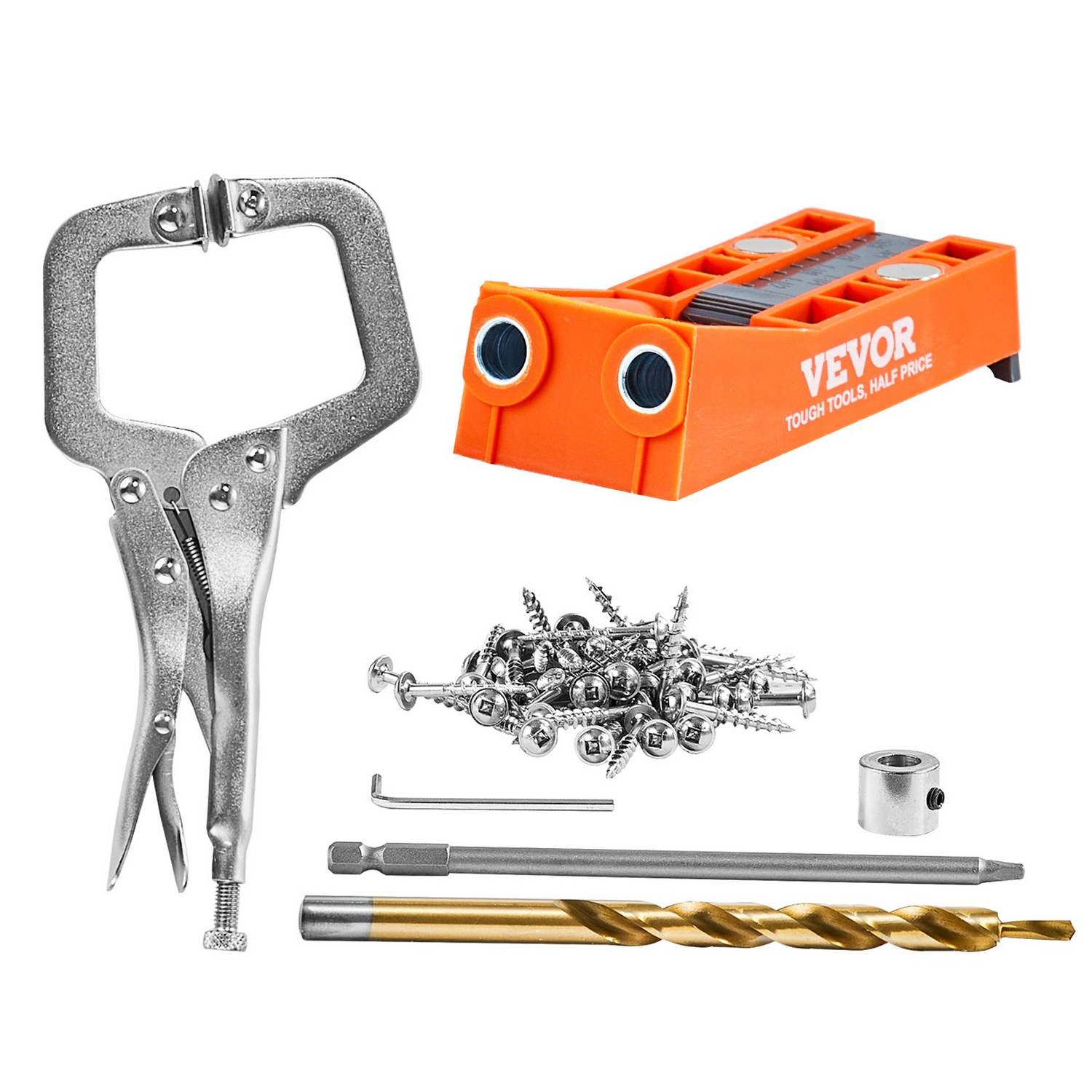 Start2Finish VEVOR Pocket Hole Jig kit with mini jig, C-clamp, drill bit, screws, and tools for woodworking and DIY carpentry projects.