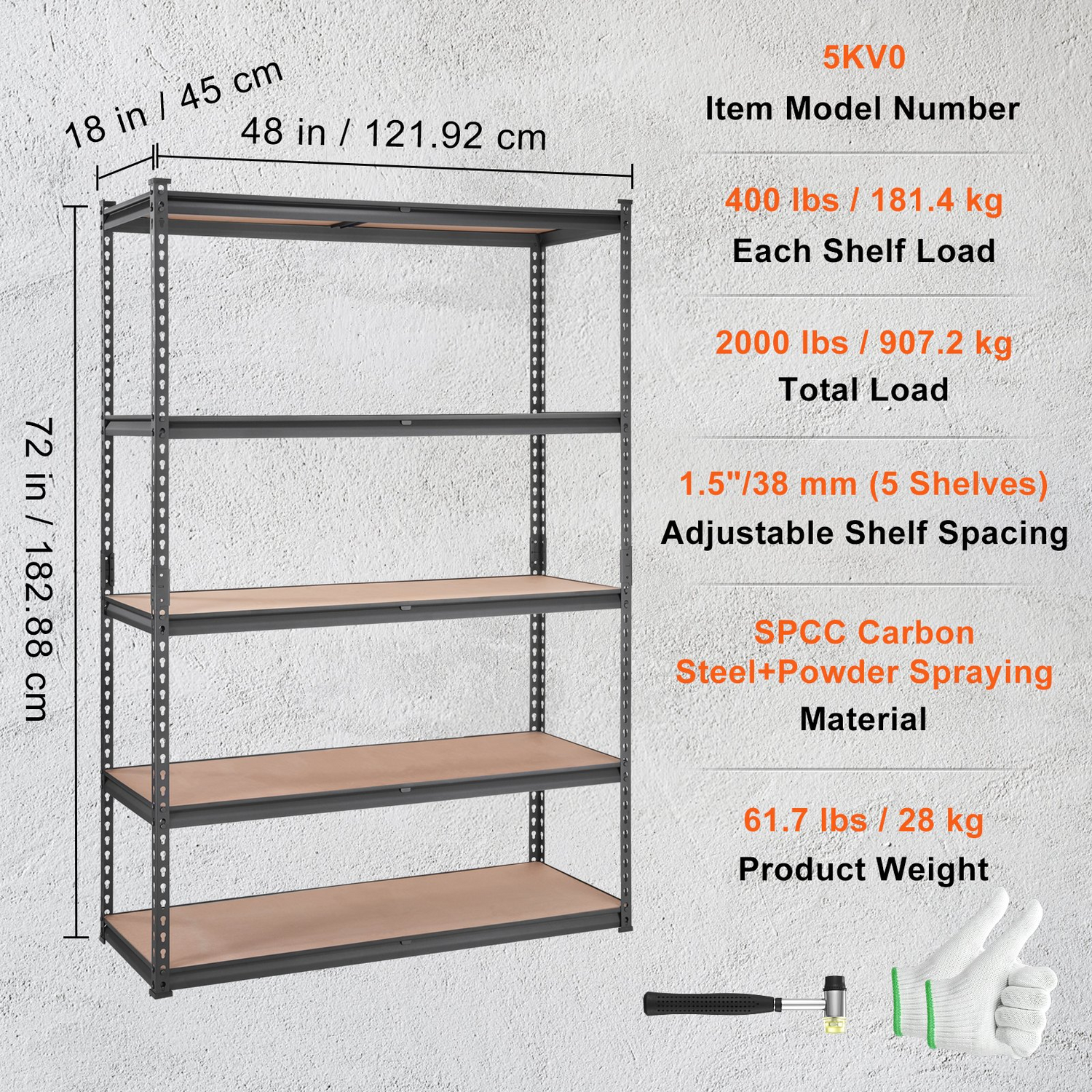 Start2Finish VEVOR 5-tier heavy-duty metal shelving unit with adjustable shelves, black color, 18" D x 48" W x 72" H for garage and storage