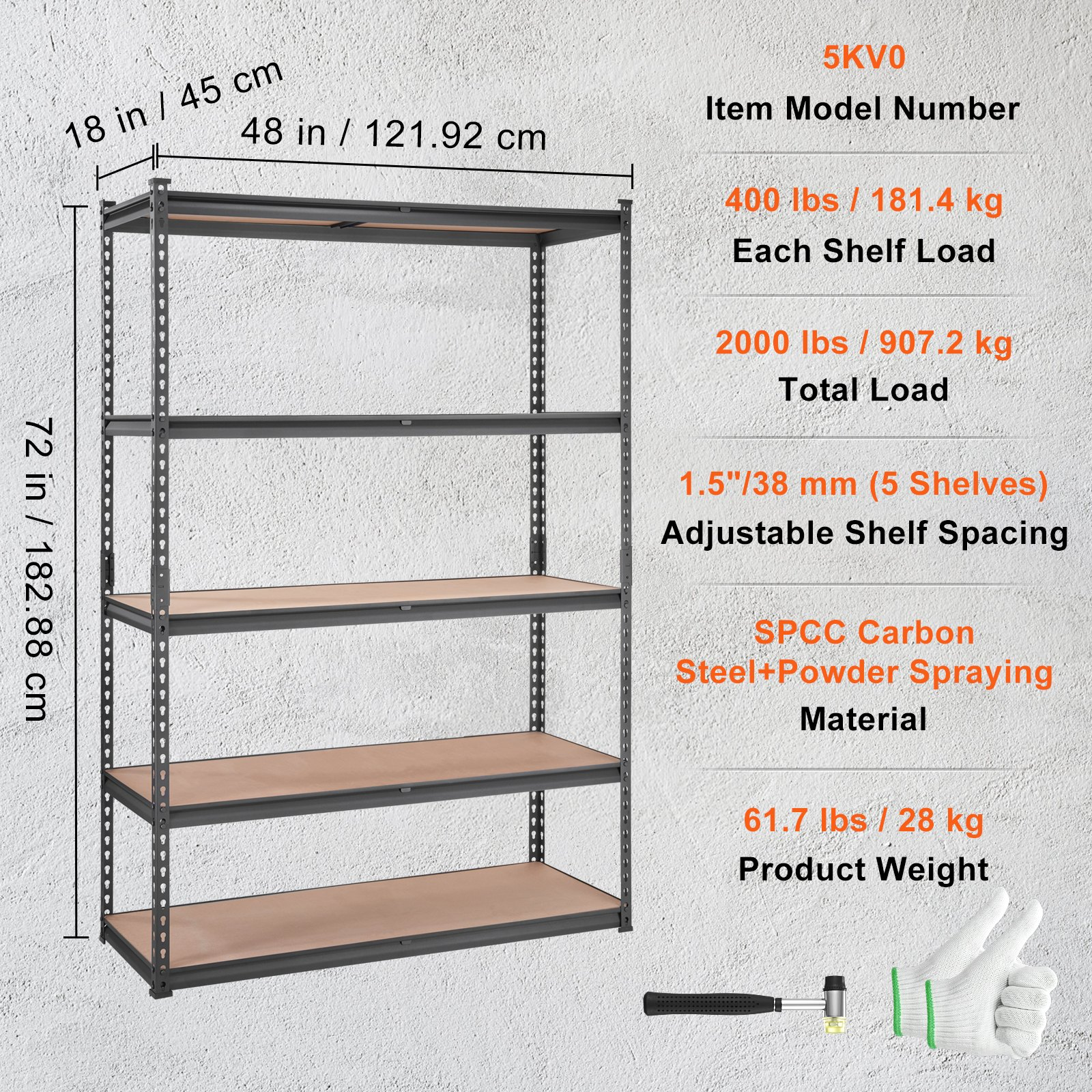 Start2Finish VEVOR 5-tier heavy-duty metal shelving unit with adjustable shelves, black color, 18" D x 48" W x 72" H for garage and storage