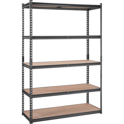 Start2Finish VEVOR 5-tier adjustable heavy-duty metal shelving unit in black, 18"x48"x72" for garage, kitchen, or basement storage.