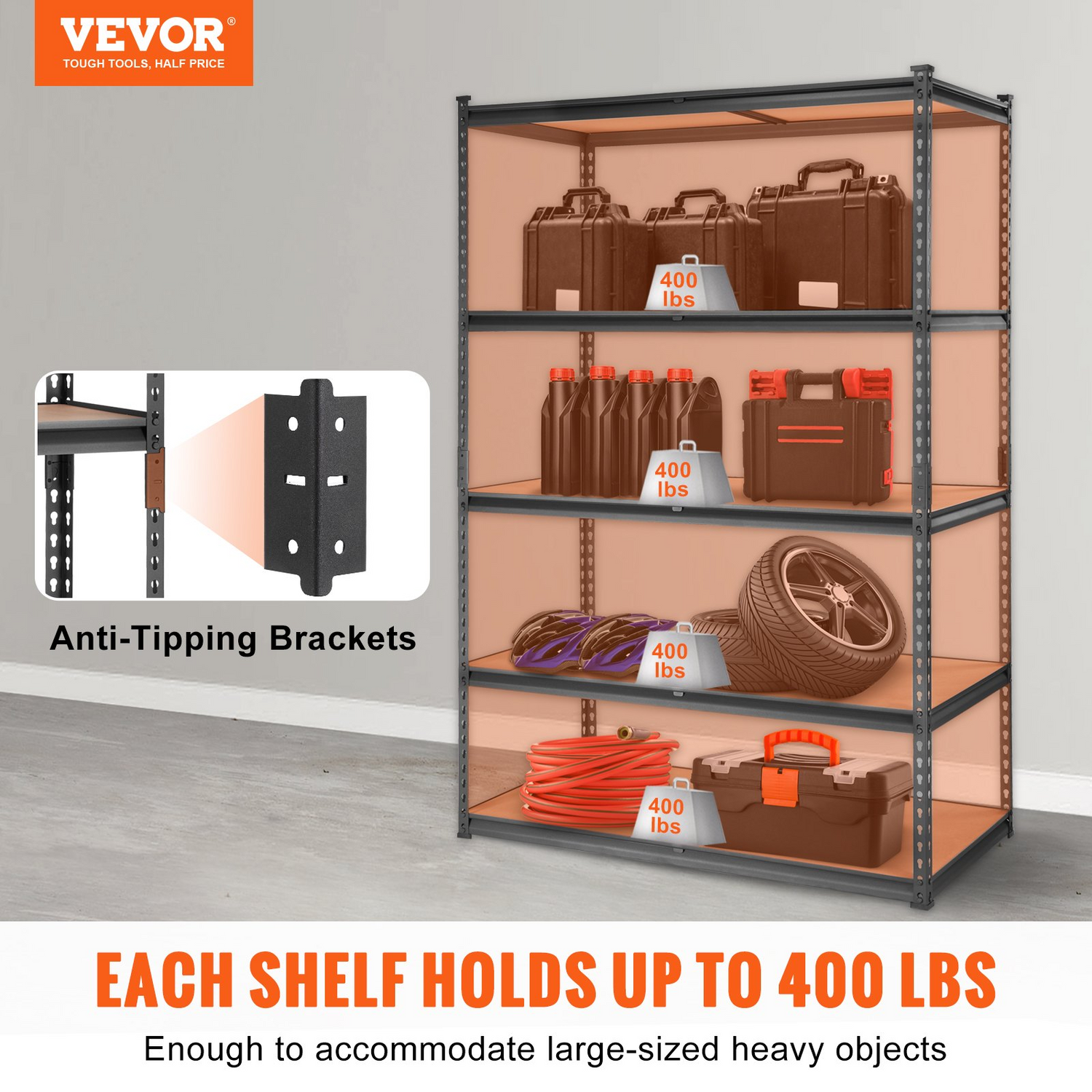 Heavy duty black VEVOR 5-tier adjustable metal storage shelving unit with 2000 lbs capacity for garage, kitchen, or basement organization