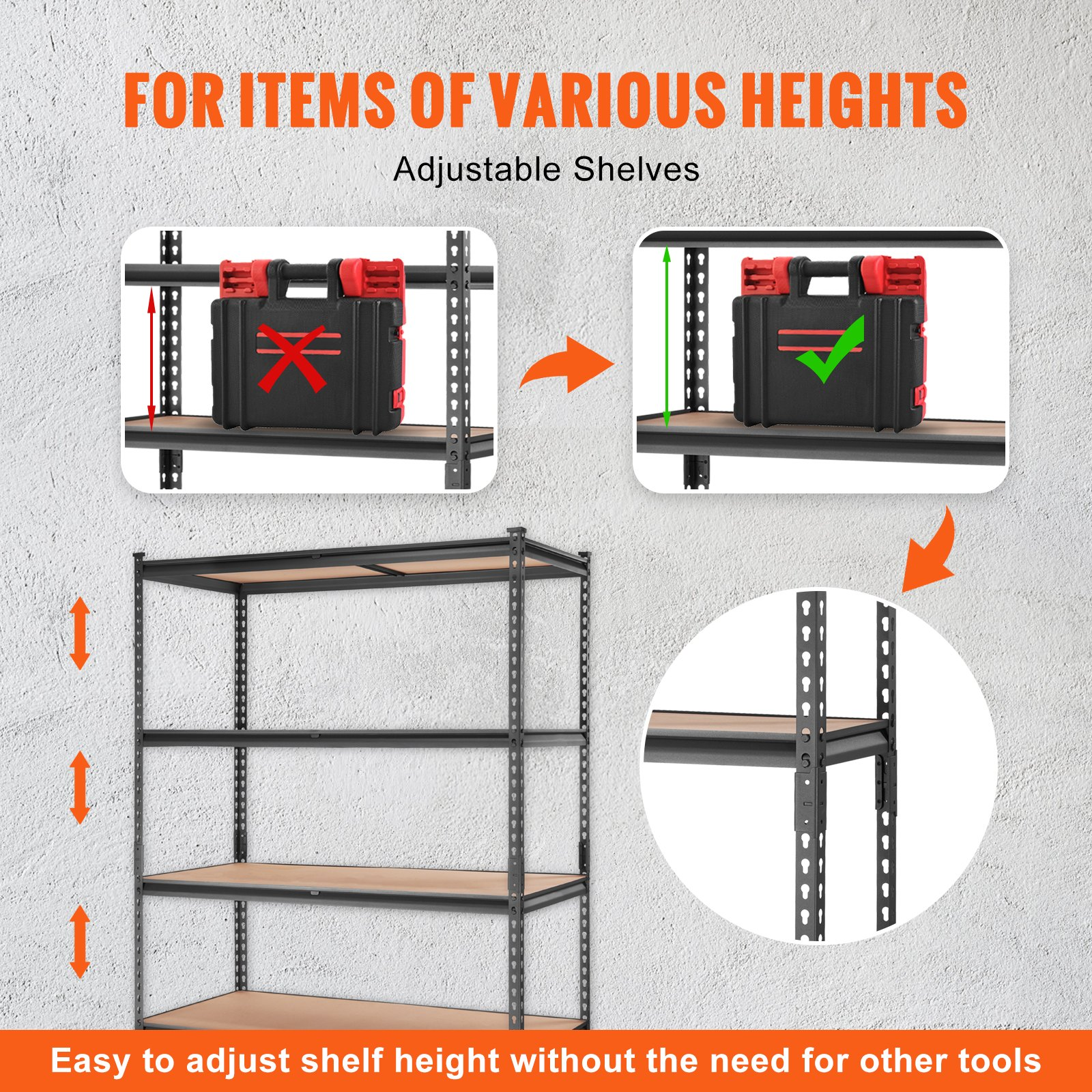 Start2Finish VEVOR 5-tier black metal storage shelving unit with adjustable shelves, heavy-duty garage and utility rack, 48” x 24” x 72”.