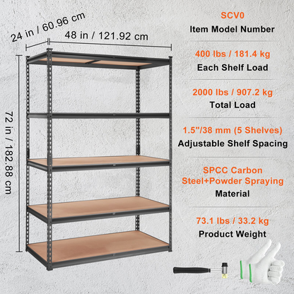Start2Finish VEVOR 5-tier heavy-duty metal shelving unit in black, 48" x 24" x 72" for garage, kitchen, or basement storage