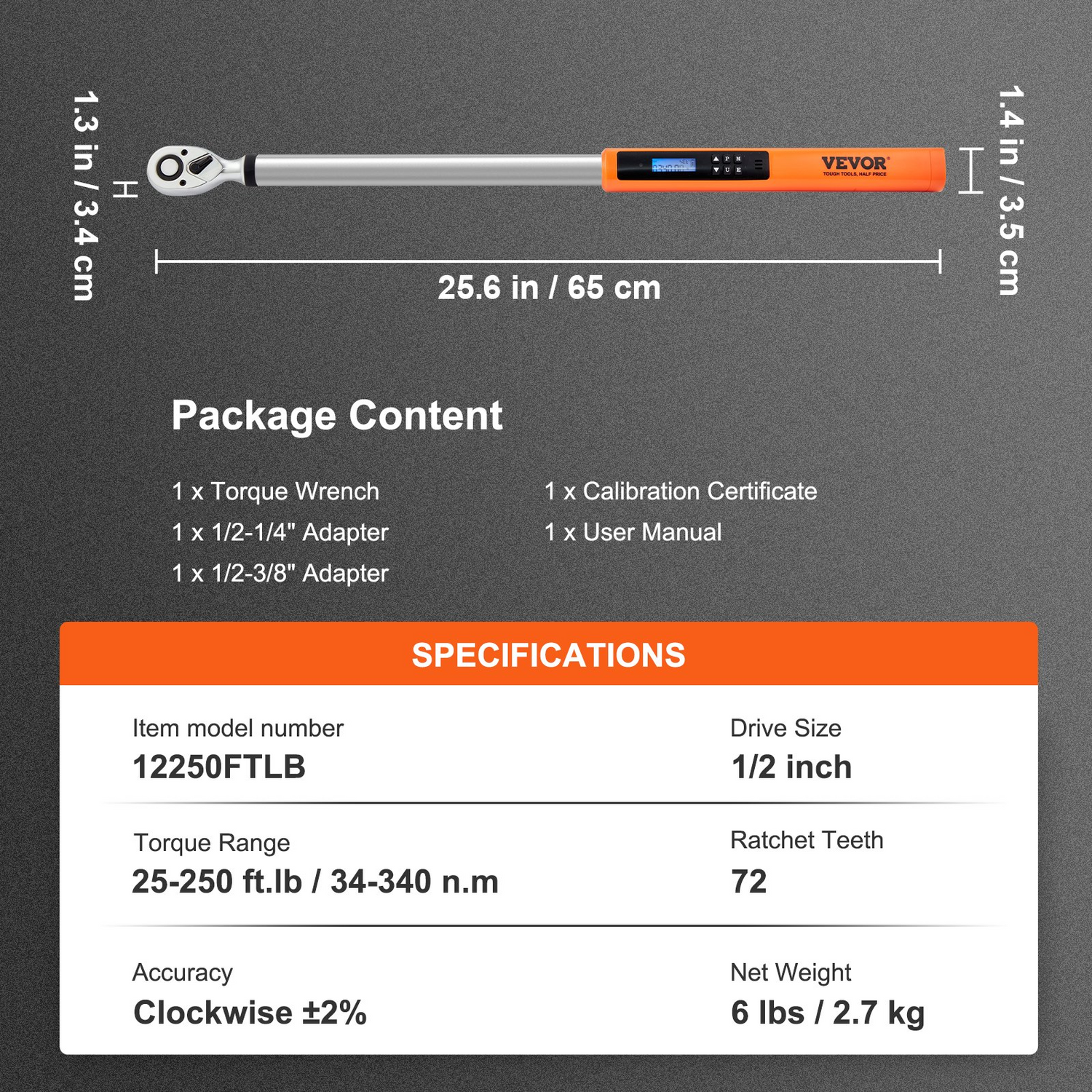 Start2Finish VEVOR digital torque wrench with 1/2" drive, adjustable torque, LED display, and calibration for precise tightening.