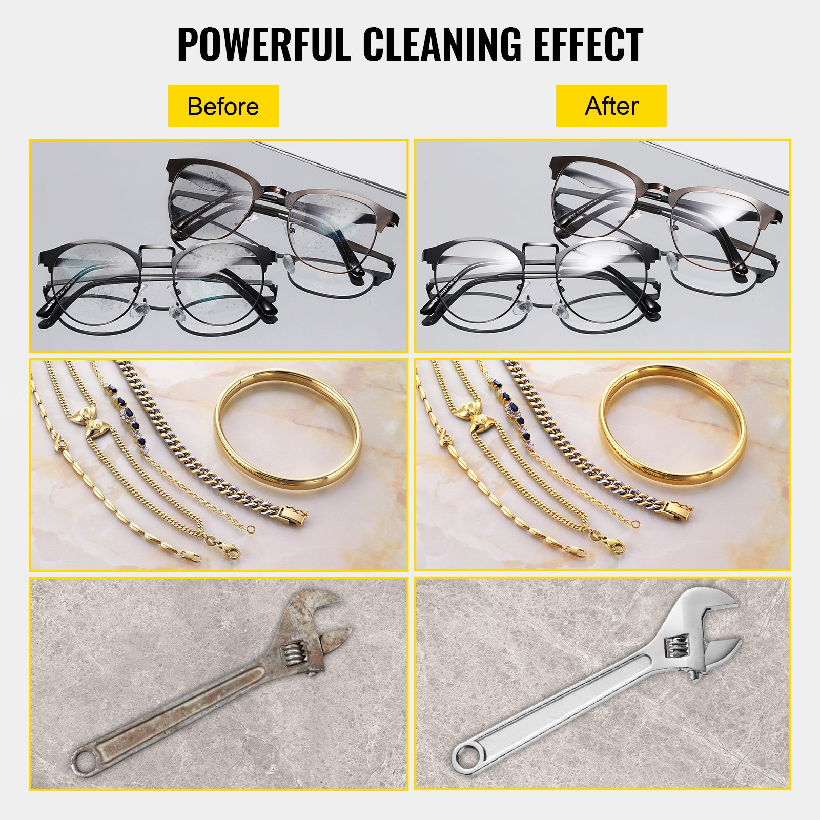 Start2Finish VEVOR ultrasonic jewelry cleaner with digital timer, heater, stainless steel tank, used for glasses, watches, rings, and small parts.
