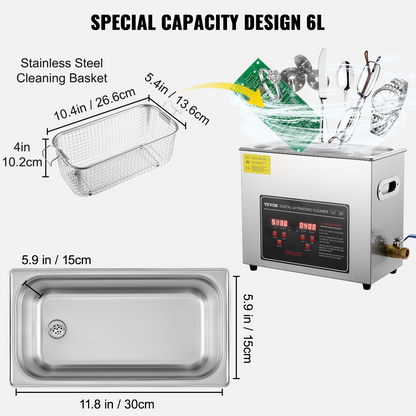 Start2Finish VEVOR ultrasonic jewelry cleaner with digital timer and heater, stainless steel tank for small parts, rings, glasses, and watches.