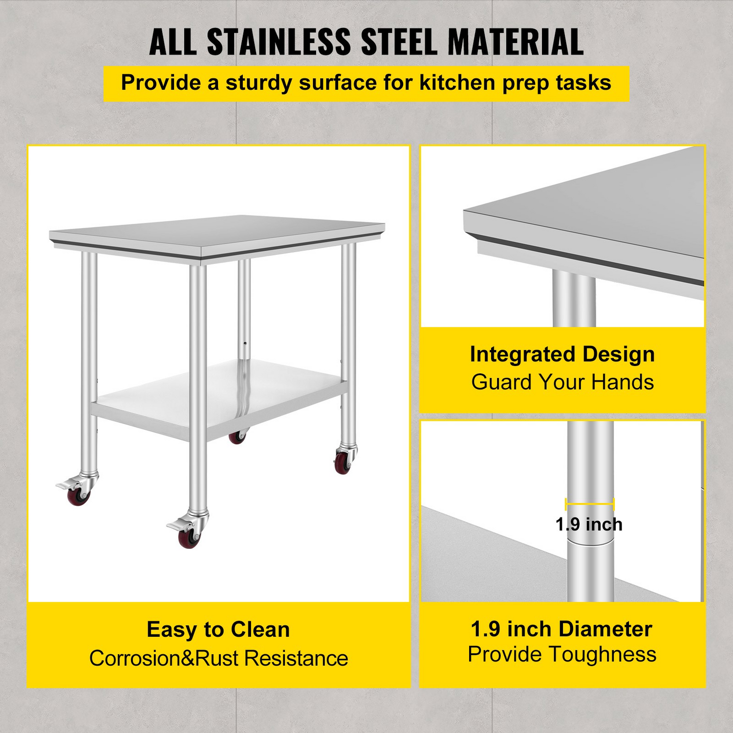 Start2Finish stainless steel work table with 4 wheels, adjustable height, and load capacity for commercial kitchen food prep.