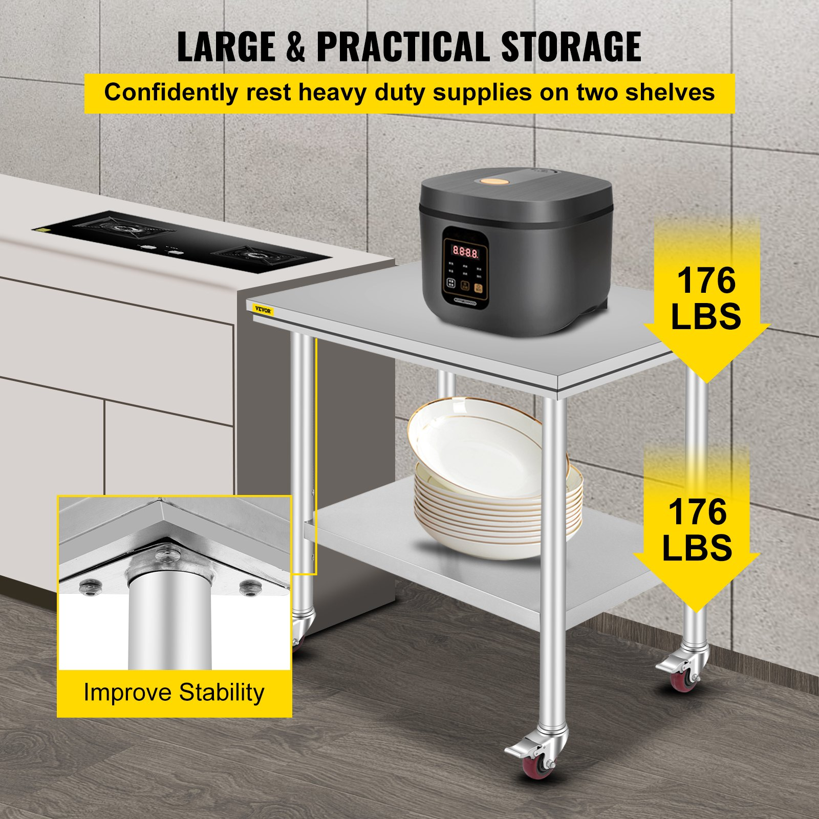 Start2Finish stainless steel work table with 35x24x33 inch size, 300 lbs capacity, 4 wheels, and adjustable height for commercial kitchens