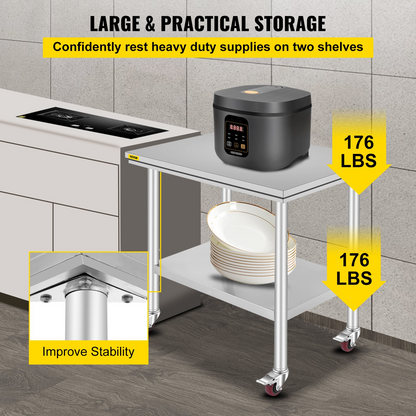 Start2Finish stainless steel work table with 35x24x33 inch size, 300 lbs capacity, 4 wheels, and adjustable height for commercial kitchens