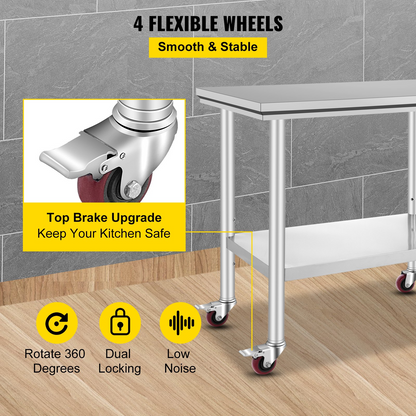 Stainless steel work table with 4 wheels, adjustable height, and load capacity, ideal for commercial kitchens and food prep.