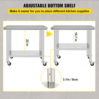 Stainless steel work table with wheels, adjustable height, and durable surface for commercial kitchen food prep, silver finish.