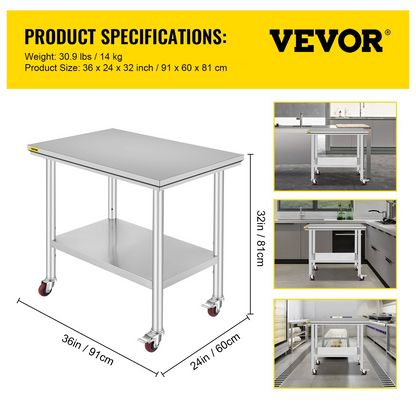 Stainless steel work table with wheels, 35x24x33 inches, adjustable height, heavy-duty food prep surface for commercial kitchens.