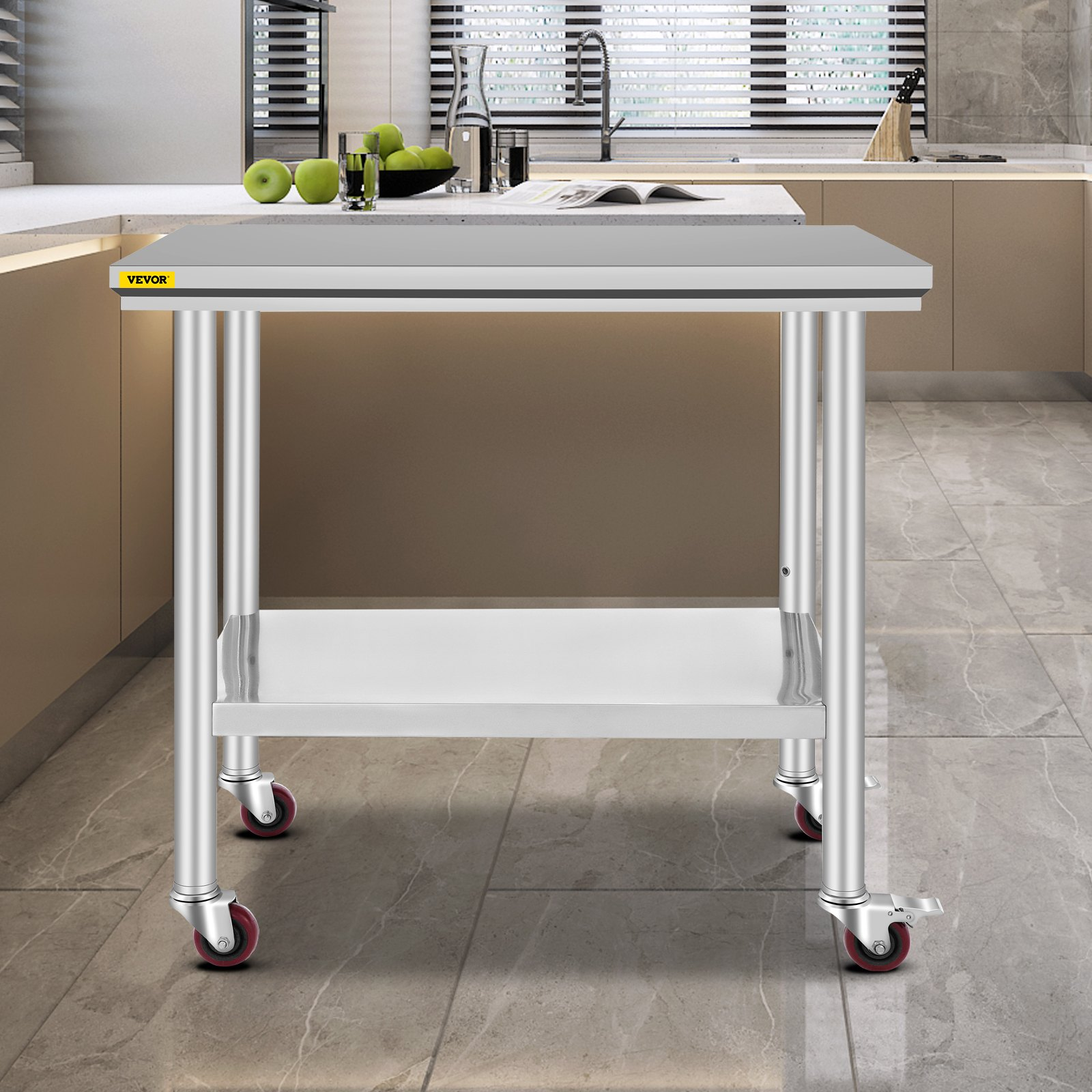 Start2Finish stainless steel work table with 4 wheels, adjustable height, and sturdy build for commercial kitchen food prep.