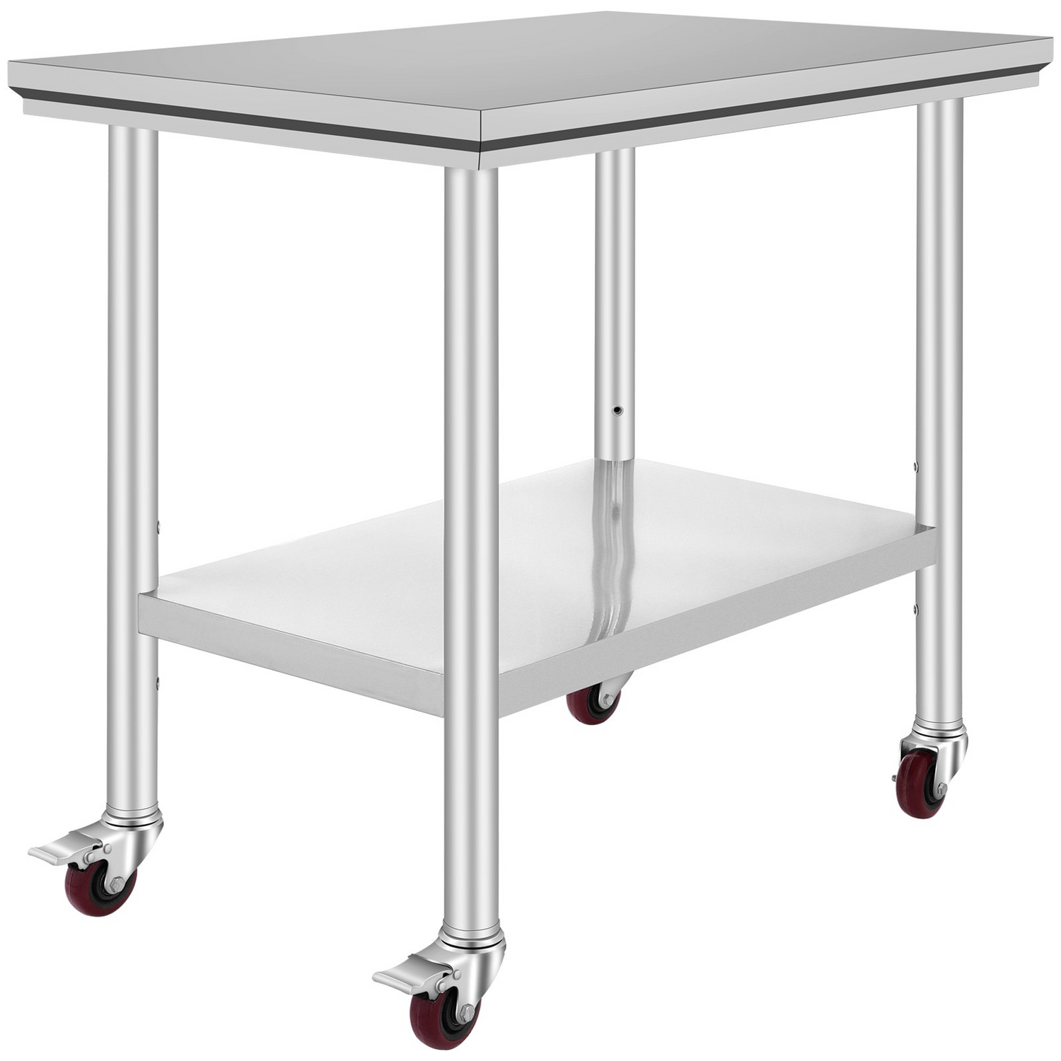 Stainless steel work table by VEVOR with 4 wheels, adjustable height, 300 lbs capacity, ideal for commercial kitchens and food prep.