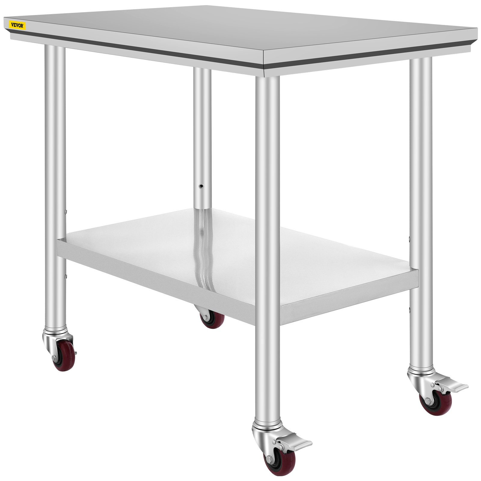 Stainless steel VEVOR work table with 4 wheels, adjustable height levels, 35x24x33 inches, suitable for commercial kitchens.