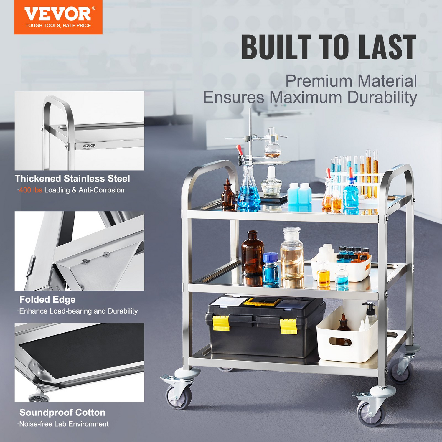 Start2Finish stainless steel 3-layer lab utility cart with lockable wheels, ideal for medical, kitchen, or salon use