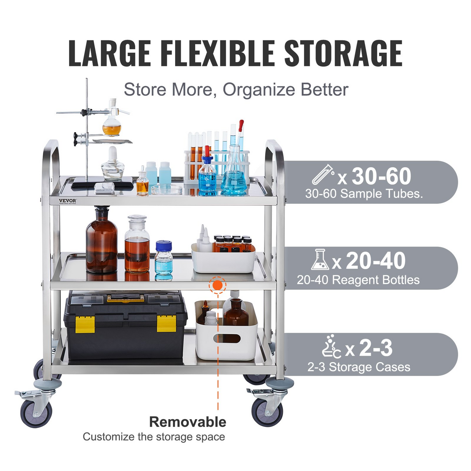 Start2Finish VEVOR stainless steel 3-layer lab utility cart with lockable wheels, suitable for medical, kitchen, or salon use