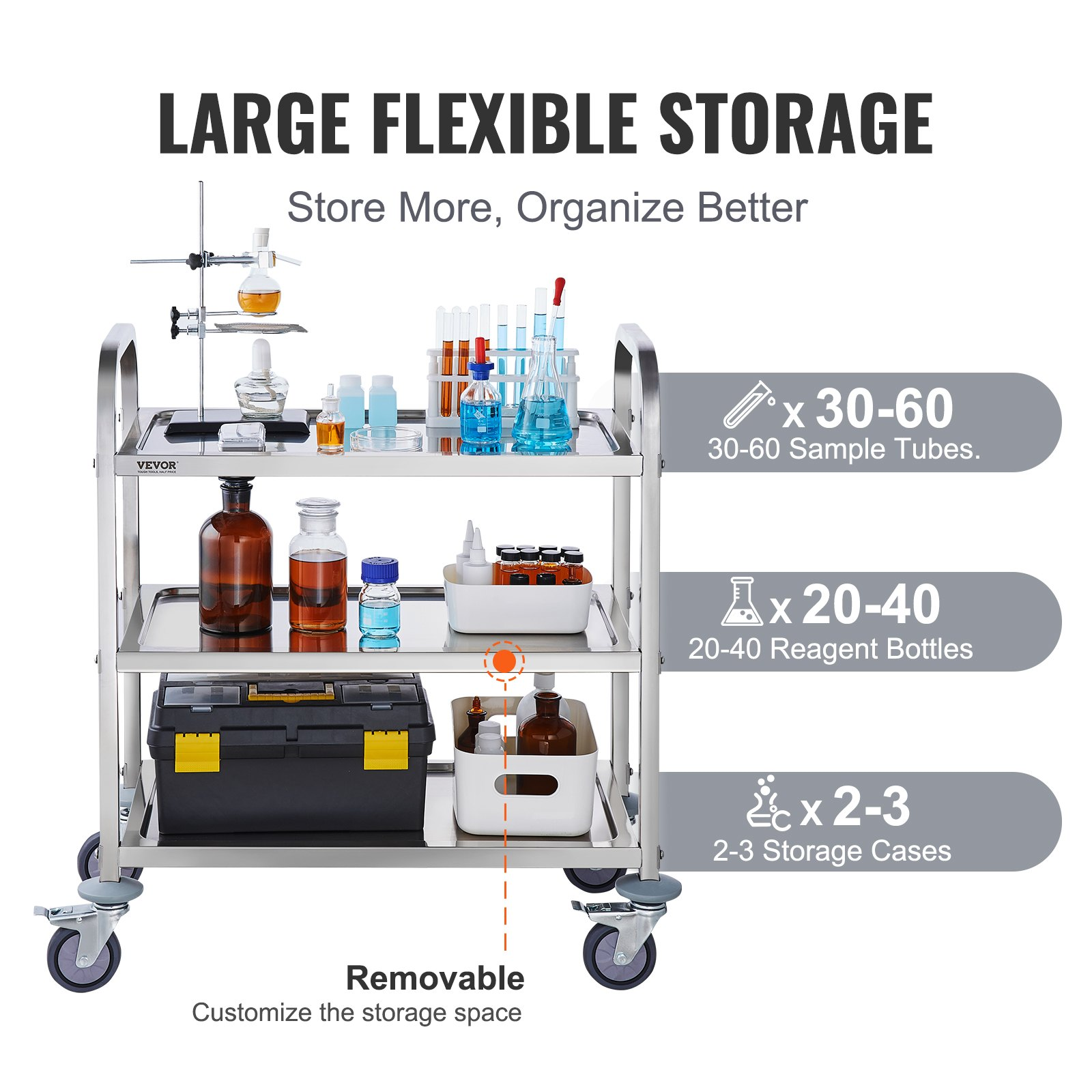Start2Finish VEVOR stainless steel 3-layer lab utility cart with lockable wheels, suitable for medical, kitchen, or salon use