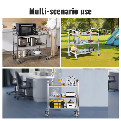 Start2Finish stainless steel 3-layer lab utility cart with lockable wheels, suitable for lab, clinic, kitchen, and salon use
