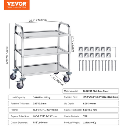 Start2Finish stainless steel 3-layer lab utility cart with lockable wheels, ideal for medical, lab, kitchen, or salon use