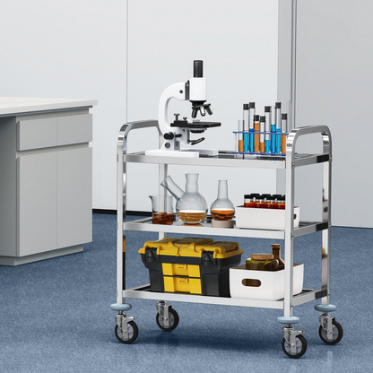 Start2Finish VEVOR stainless steel 3-layer lab utility cart with lockable wheels, ideal for medical, kitchen, or salon use