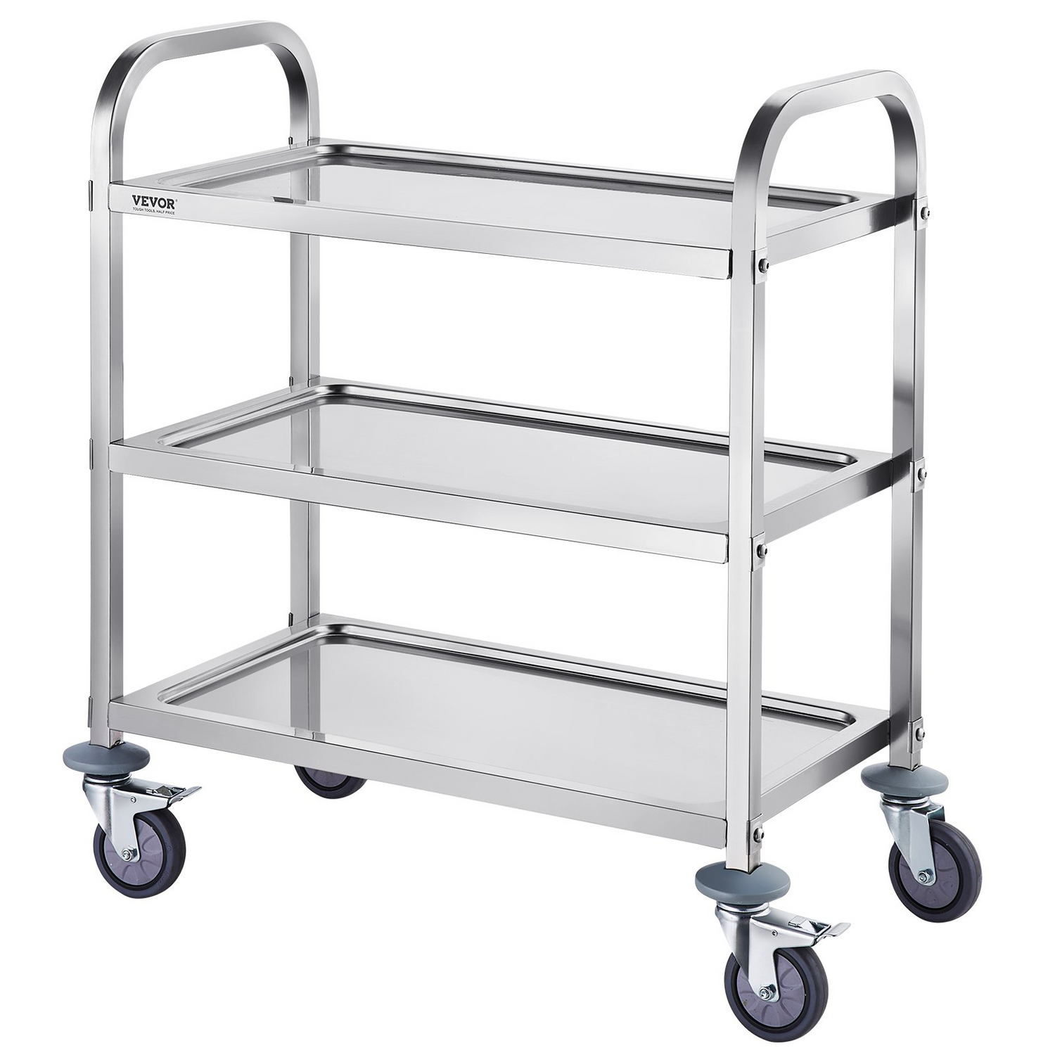 Start2Finish VEVOR stainless steel lab utility cart with 3 shelves, lockable wheels, suitable for medical, kitchen, or salon use.